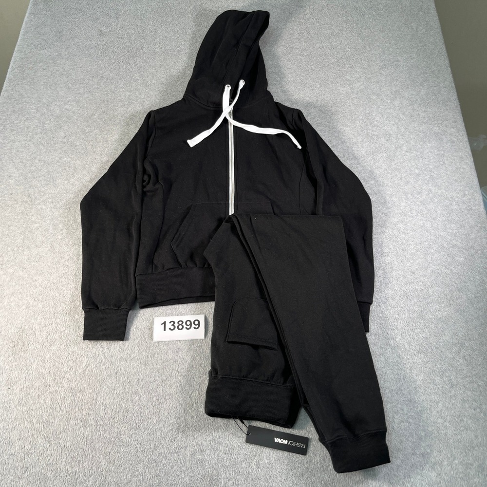 Fashion Nova Relaxed Vibe Hoodie & Jogger Pants Set Womens Small Black Full Zip